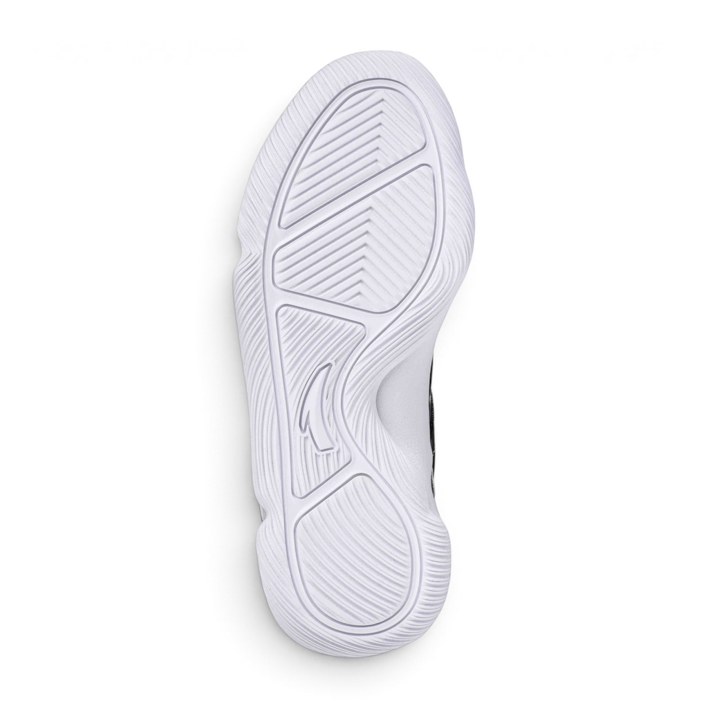 FRG basketball shoes featuring a white rubber outsole with a multi-directional herringbone traction pattern