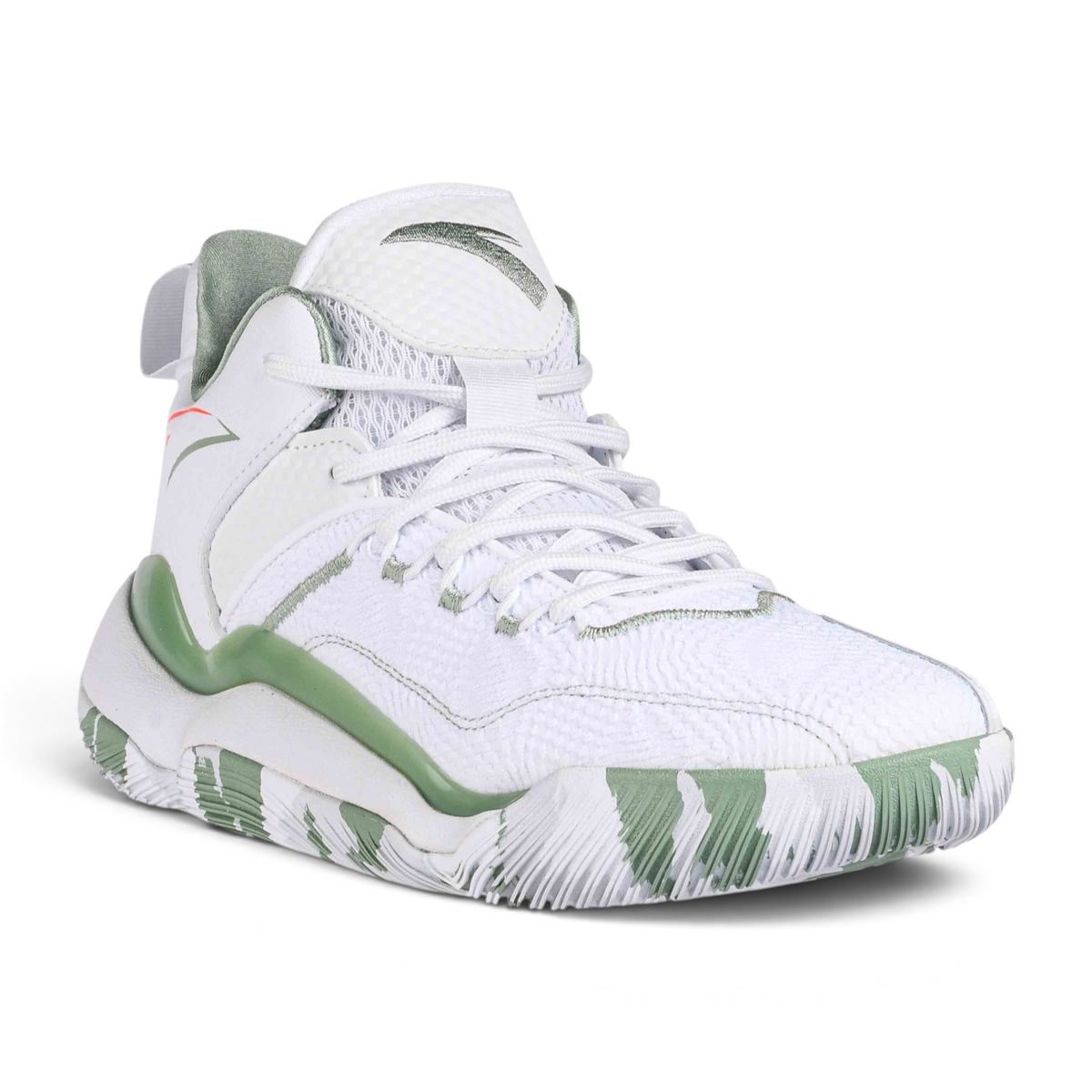 FRG white basketball shoes with green accents, featuring a high-top design and a patterned rubber sole.