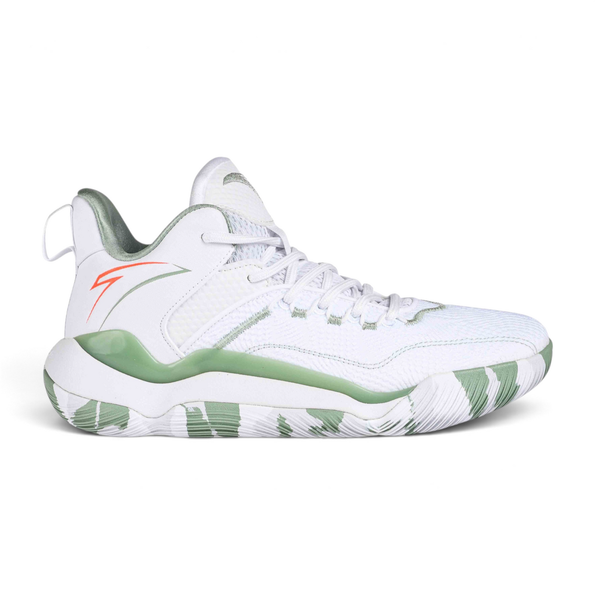 FRG basketball shoes in white with sage green accents and a marbled green and white patterned rubber sole