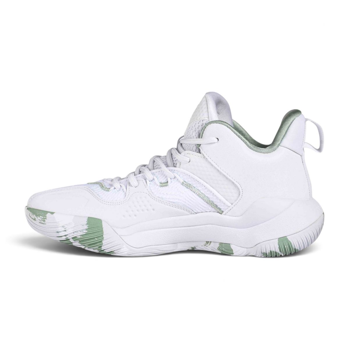 FRG basketball shoes in white with sage green accents and a textured rubber sole, side profile view.