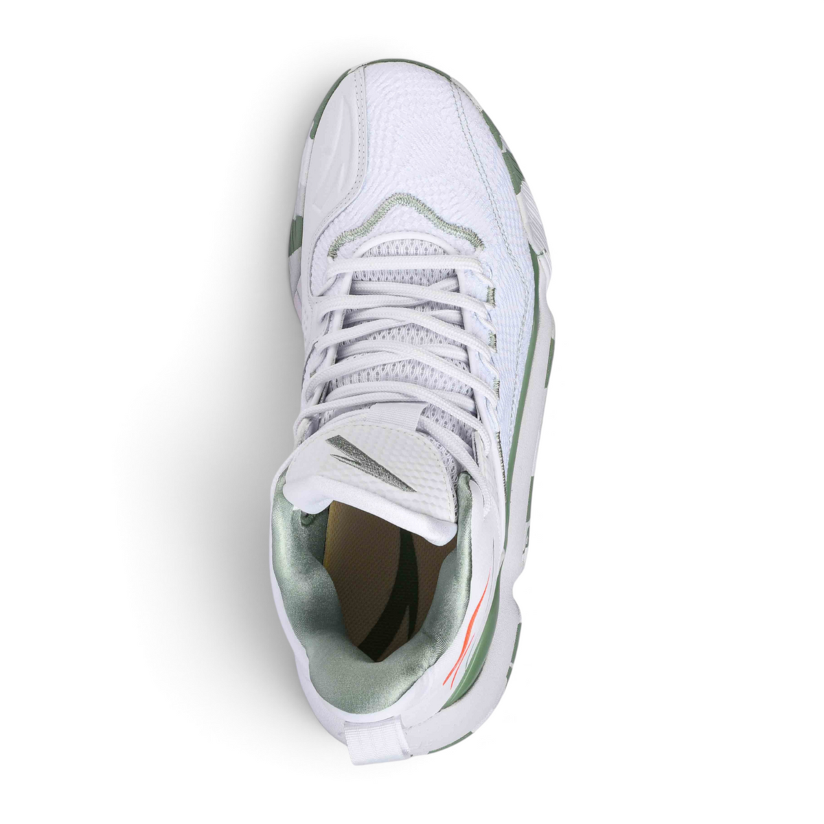 FRG basketball shoes in white with green accents and mesh detailing, top-down view