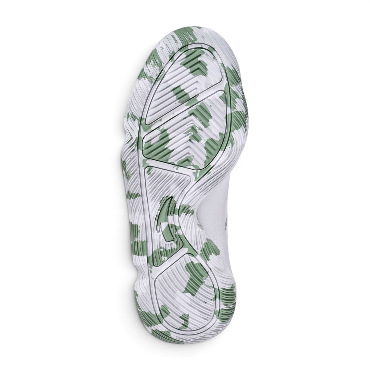 FRG basketball shoes featuring a white and green camouflage patterned rubber outsole with high-traction tread design