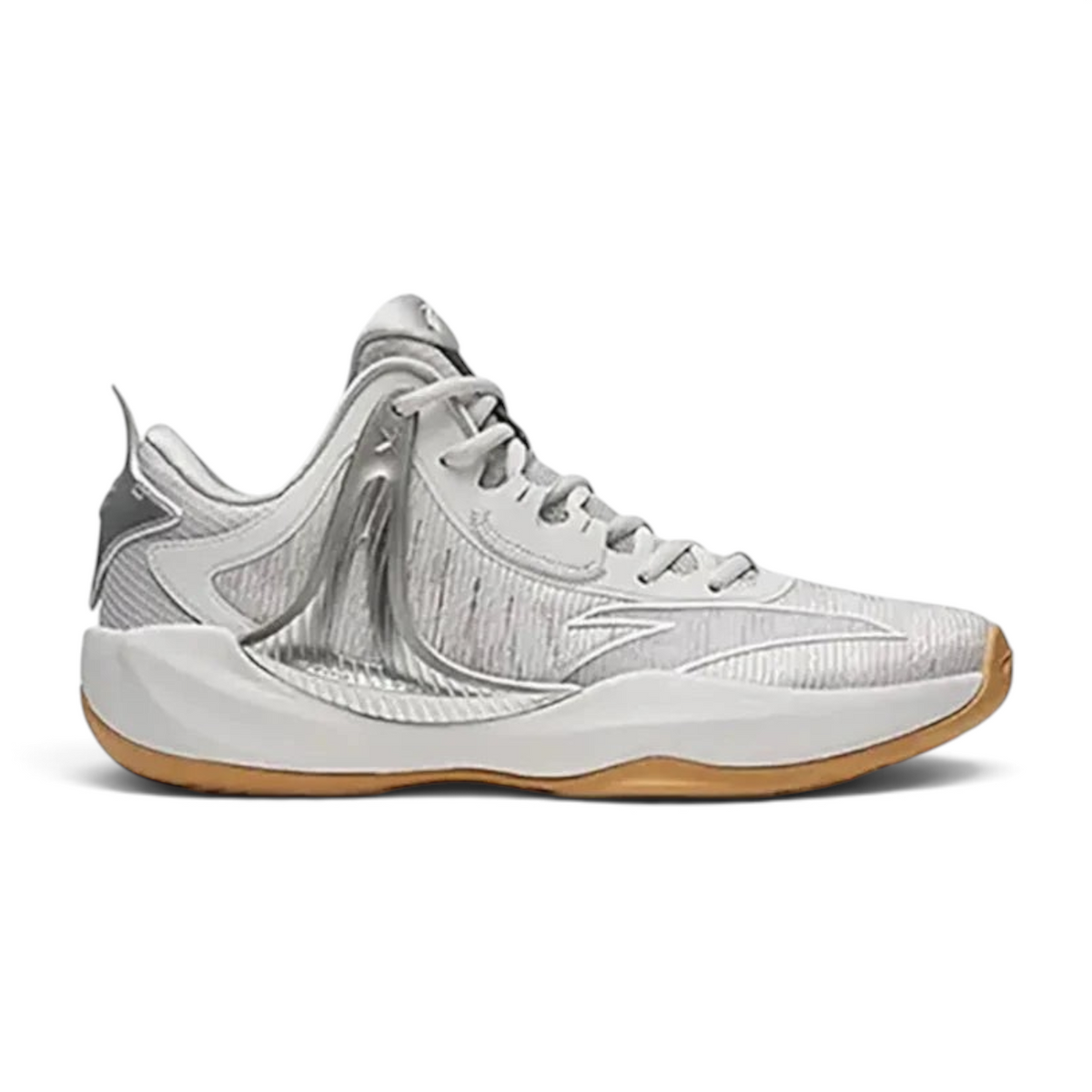 FRG basketball shoes in white and silver with a gum rubber outsole, featuring a sleek high-top design.