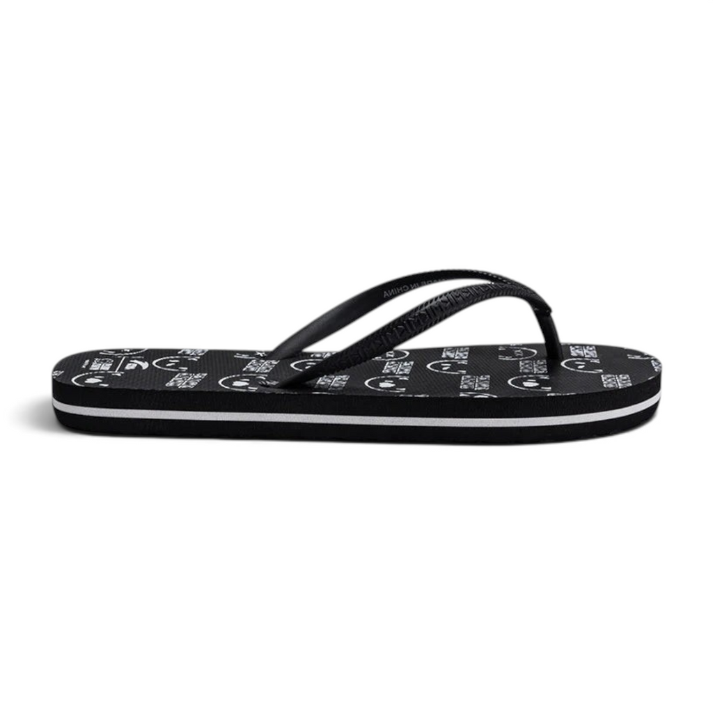 FRG beach slippers in black with a white graphic print pattern and a side white stripe detail