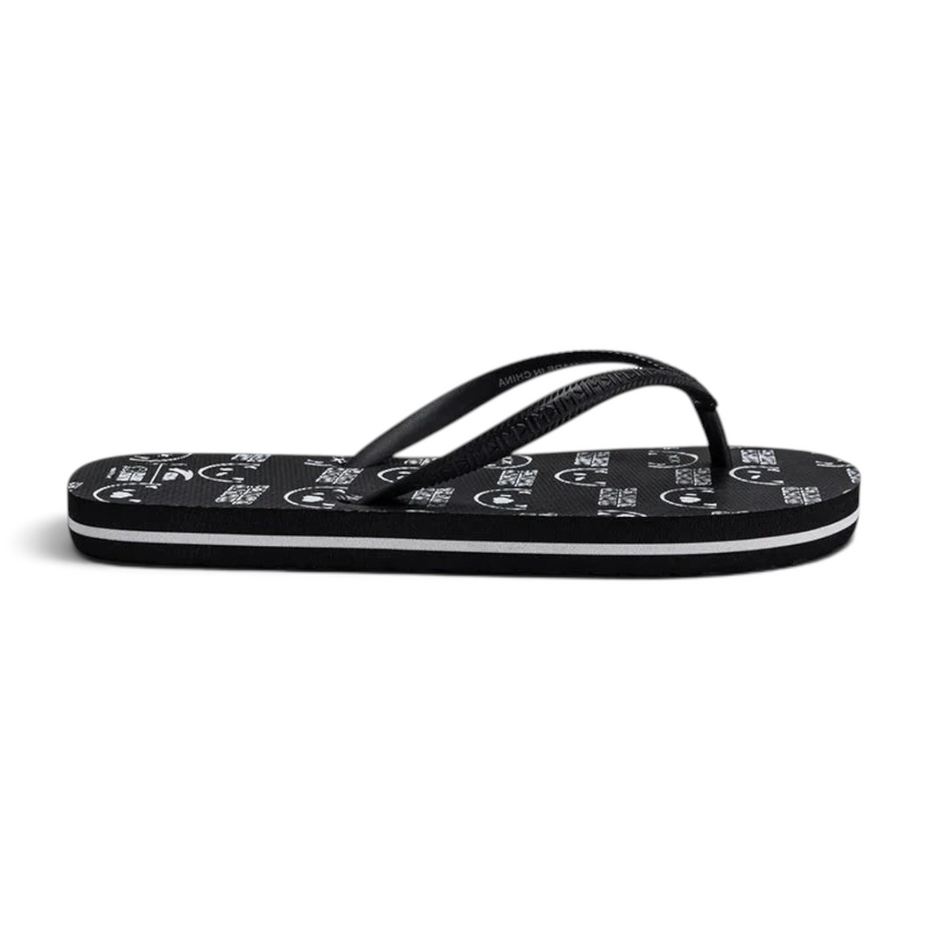 FRG beach slippers in black with a white graphic pattern and a white stripe detail on the side sole