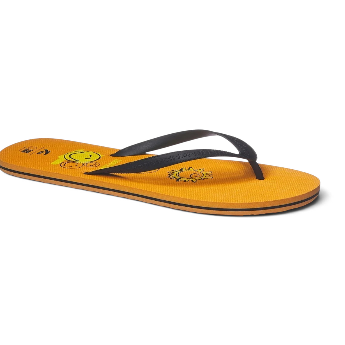 FRG beach slippers in bright orange with black straps and playful sun and smiley face graphics on the footbed