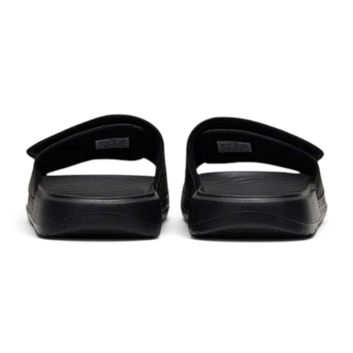 FRG black beach slippers with adjustable velcro straps and contoured footbeds, shown from a rear angle.