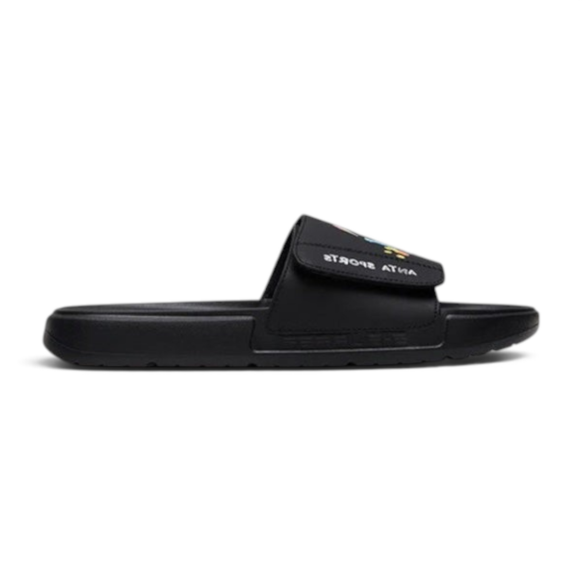 FRG black beach slippers with an adjustable velcro strap and colorful graphic detail on the side profile