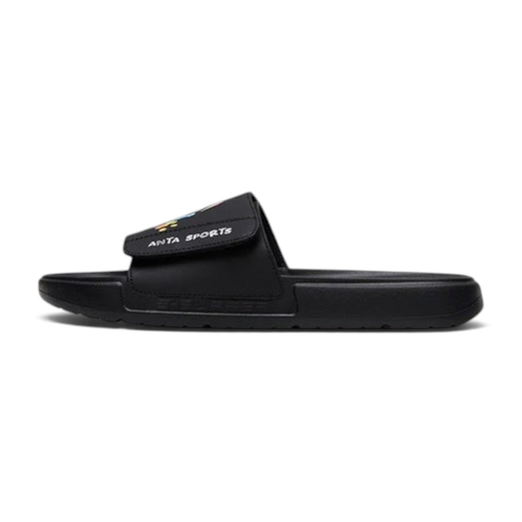FRG black beach slippers with adjustable strap and Anta Sports branding, side profile view