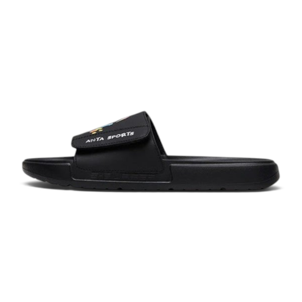 FRG black beach slippers with adjustable strap and Anta Sports branding, side profile view
