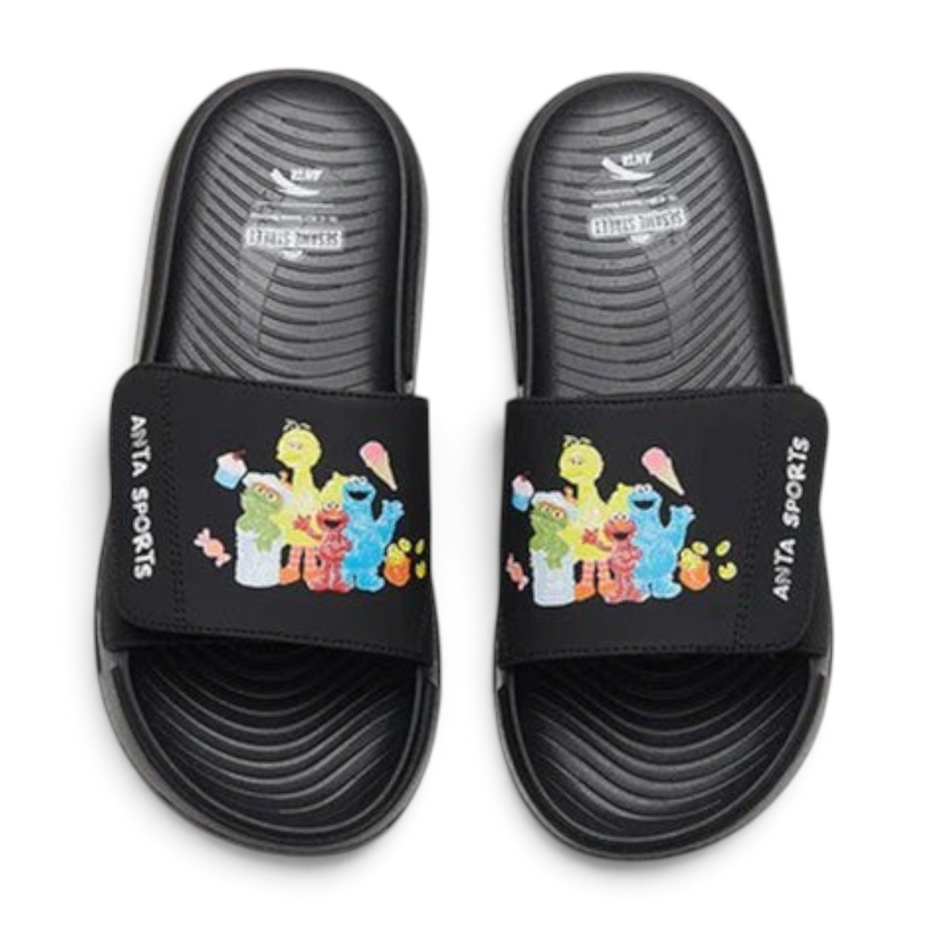 FRG black beach slippers featuring Sesame Street character graphics and adjustable velcro straps
