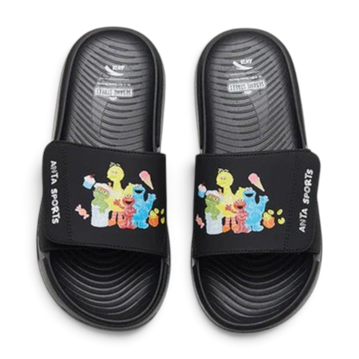 FRG black beach slippers featuring Sesame Street character graphics and adjustable velcro straps