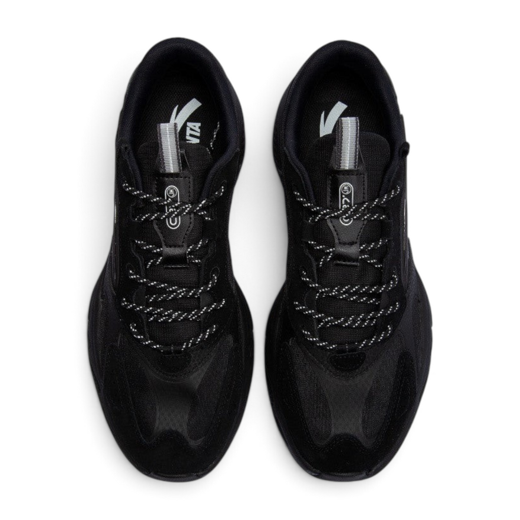 FRG Anta C37 chunky black casual sneakers with breathable mesh upper and patterned laces, top-down view