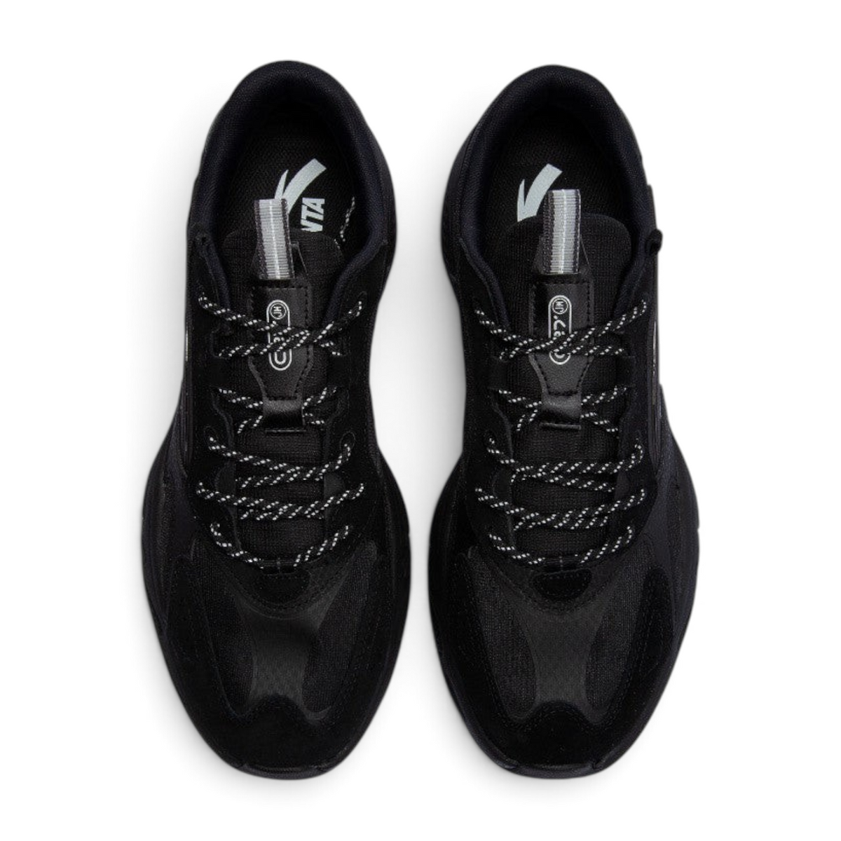FRG Anta C37 chunky black casual sneakers with breathable mesh upper and patterned laces, top-down view