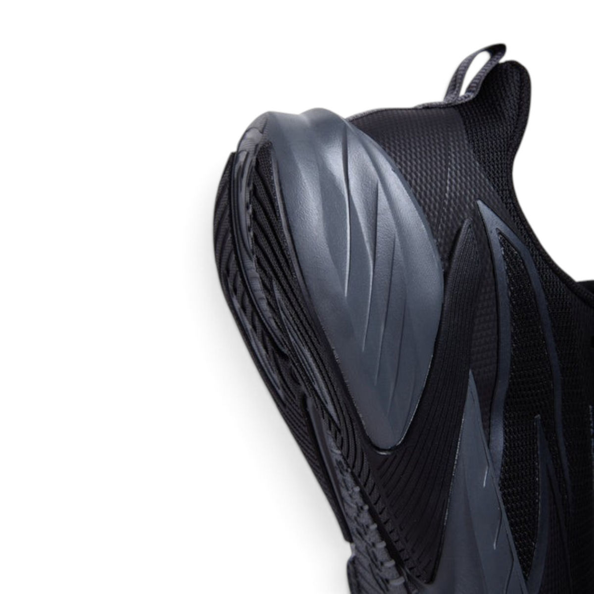 FRG ANTA City Daily running shoe in black, featuring a mesh upper and structured TPU heel overlay for stability.