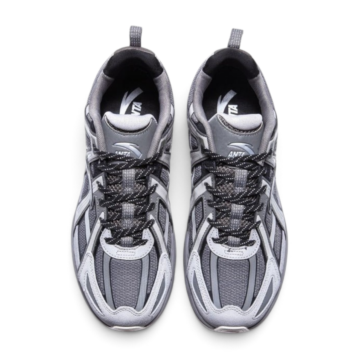 FRG ANTA retro men's running sneakers in grey with mesh and synthetic overlays, top-down view.