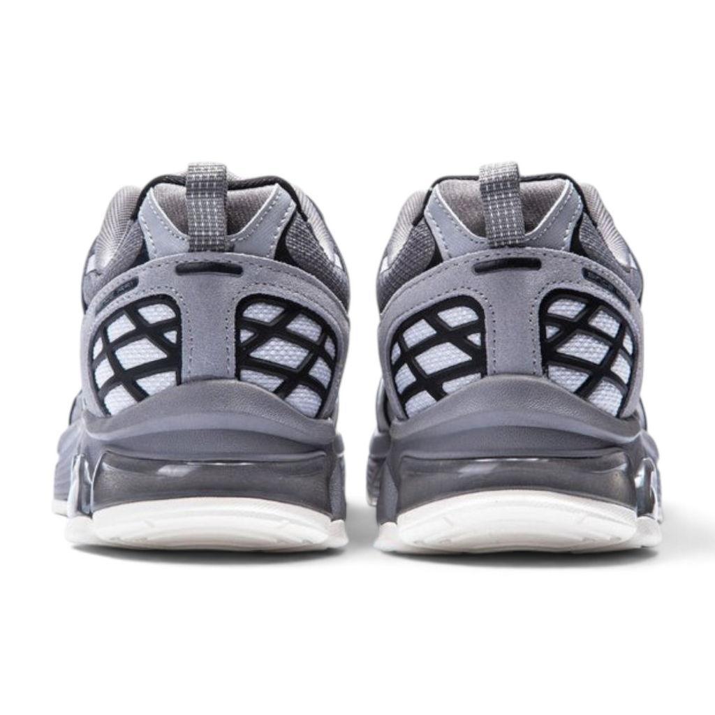 FRG ANTA retro men's running sneakers in grey, showing the back view with cushioned soles and mesh detailing.
