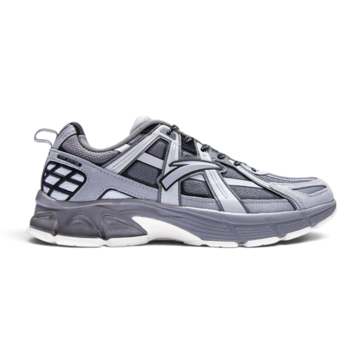 FRG ANTA retro men's running sneakers in grey with mesh and synthetic overlays, side profile view.