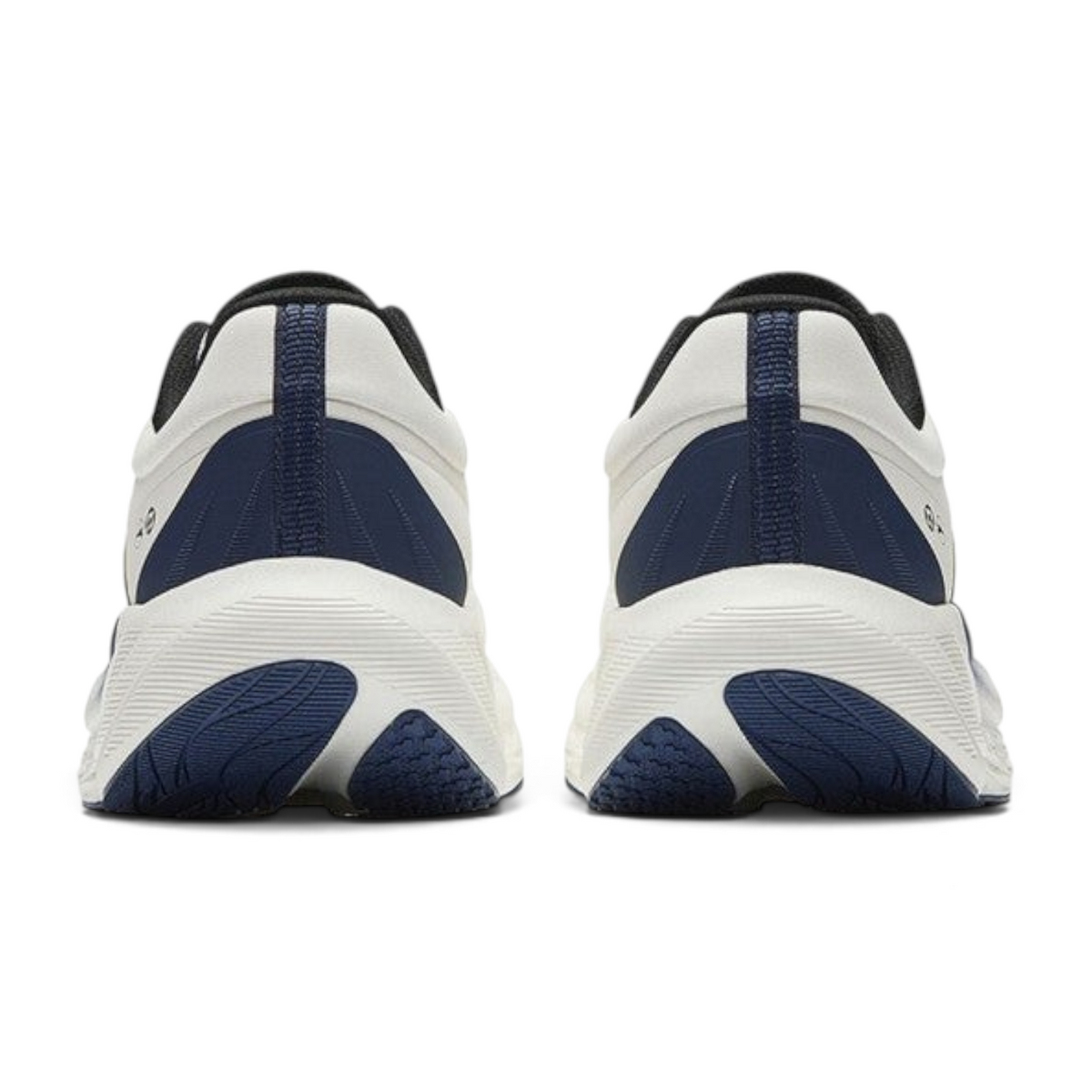 FRG Journey Walker 1.5 running shoes in white and navy blue, rear view showing cushioned soles and heel support