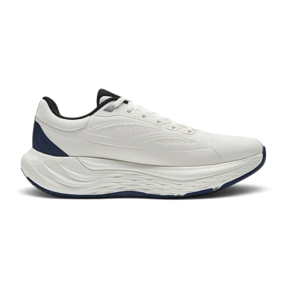 FRG Journey Walker 1.5 white running shoes with a thick cushioned sole and navy blue accents on a white background