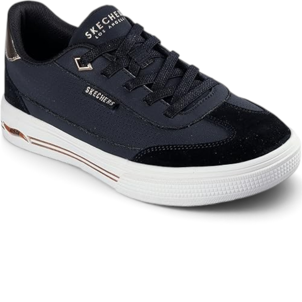 FRG Skechers Arch Fit Arcade Diamond Daze black fashion sneakers with pressure-relieving support and lace-up design