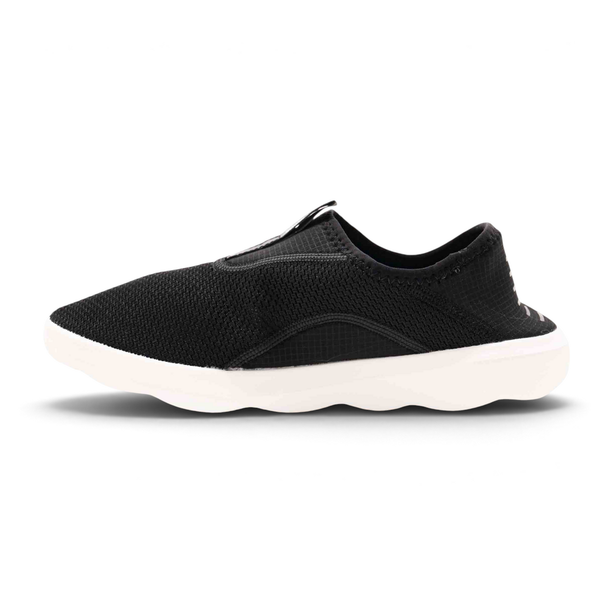 FRG black slip-on outdoor shoes with a breathable mesh upper and a thick white cushioned sole