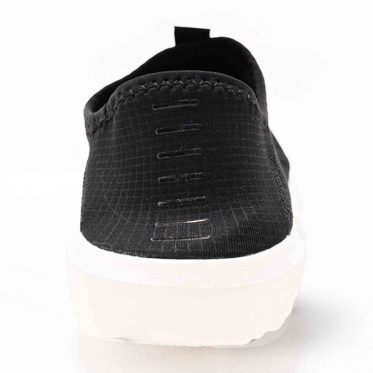 FRG outdoor shoes featuring a black grid-patterned fabric upper and a thick white rubber sole, rear view.