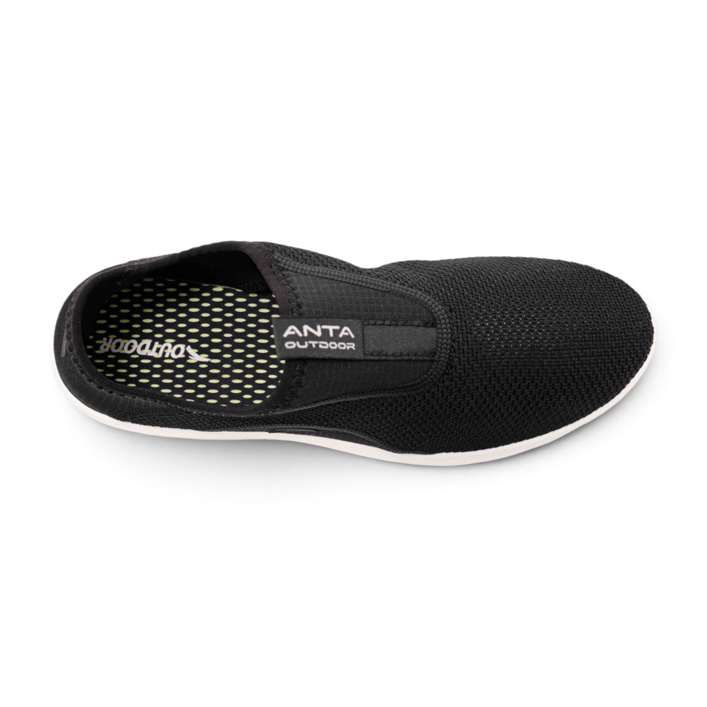 FRG black slip-on outdoor shoes with breathable mesh upper and cushioned insole, top view