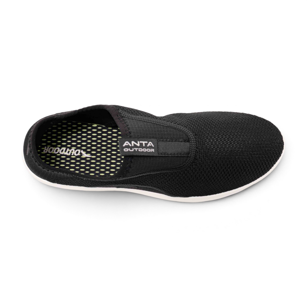 FRG black slip-on outdoor shoes with breathable mesh upper and cushioned insole, top view