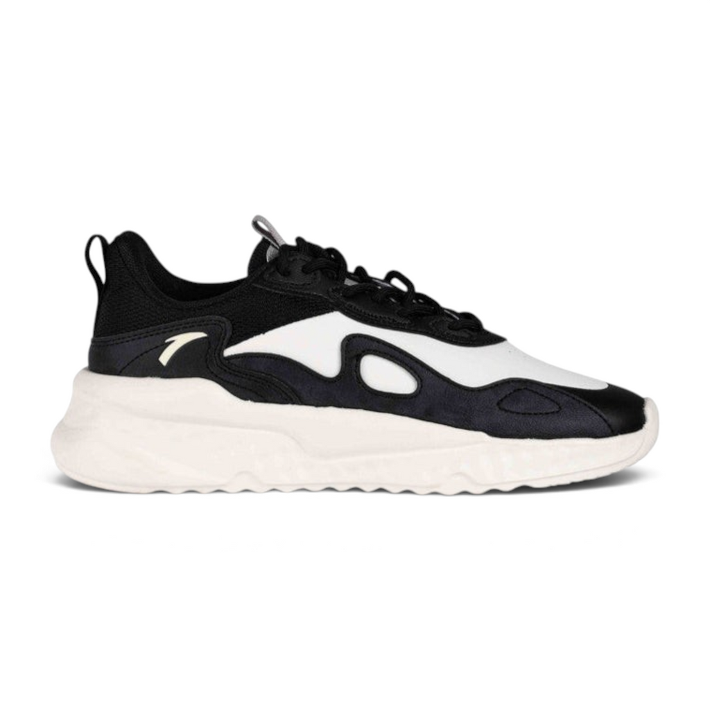 FRG casual sneakers featuring a black and white color block design with a thick white cushioned sole