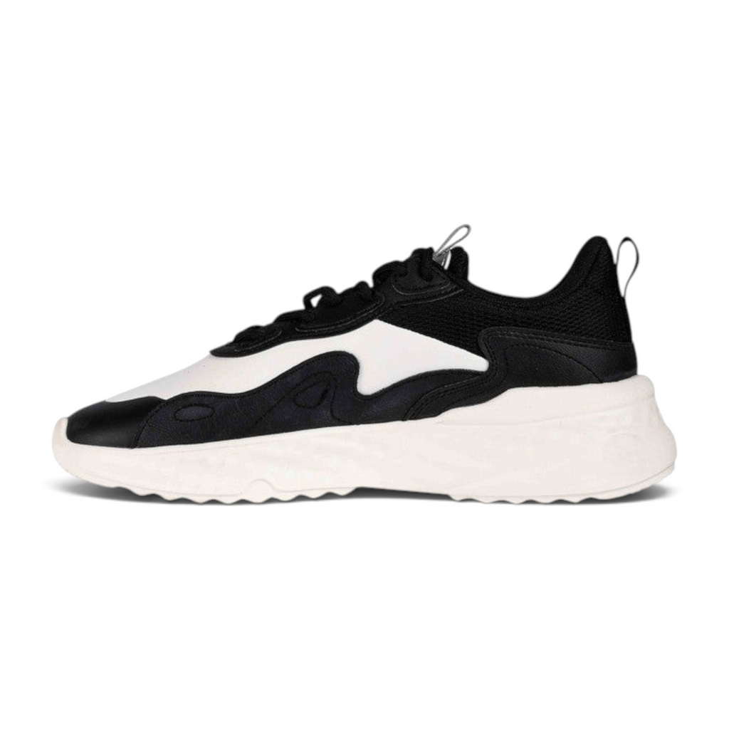 FRG casual shoes featuring a black and white color block design with a thick white textured sole and mesh upper