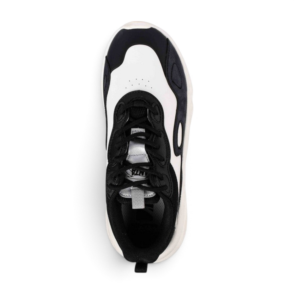 FRG casual shoes in black and white with a chunky sole and lace-up design, top-down view