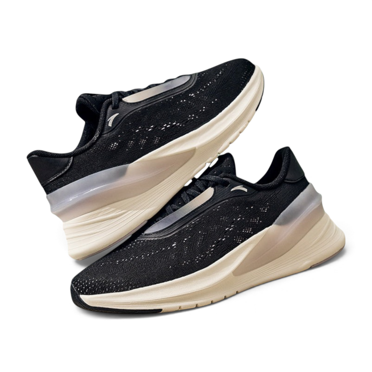 FRG black running shoes with breathable mesh upper and thick white cushioned sole for athletic performance