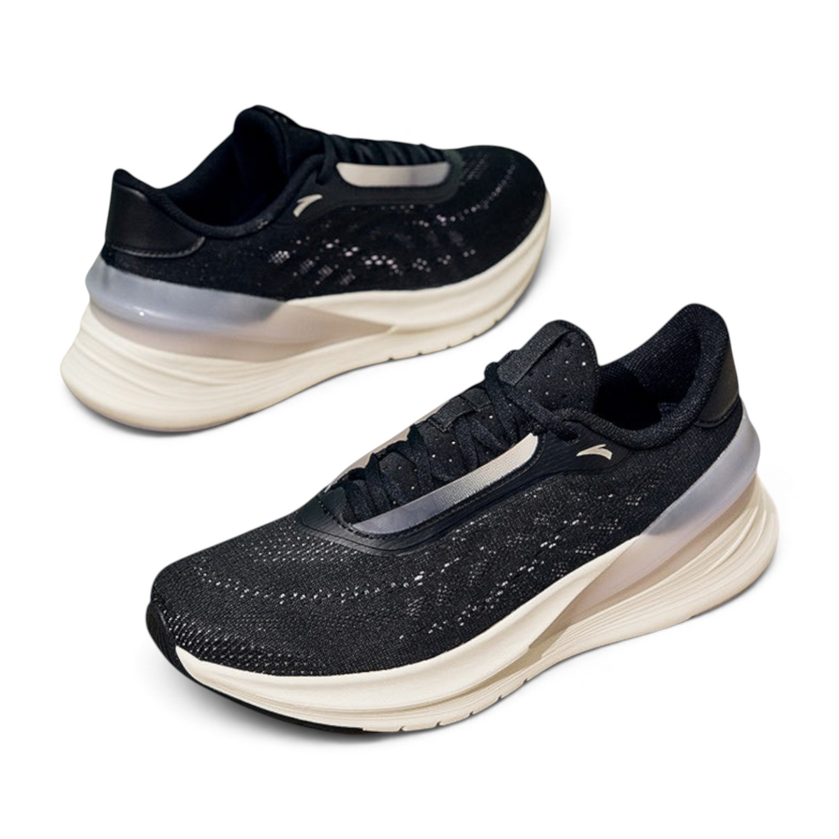 FRG black running shoes with breathable mesh upper and thick white cushioned sole for athletic performance