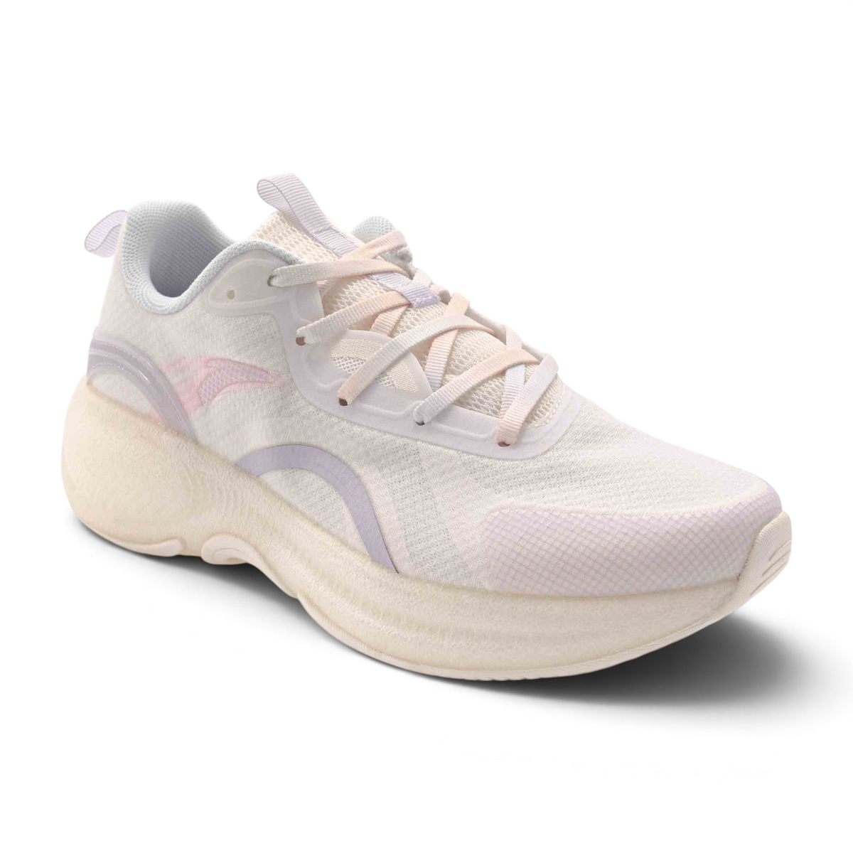 FRG running shoes in white and soft pink with a breathable mesh upper and thick cushioned sole