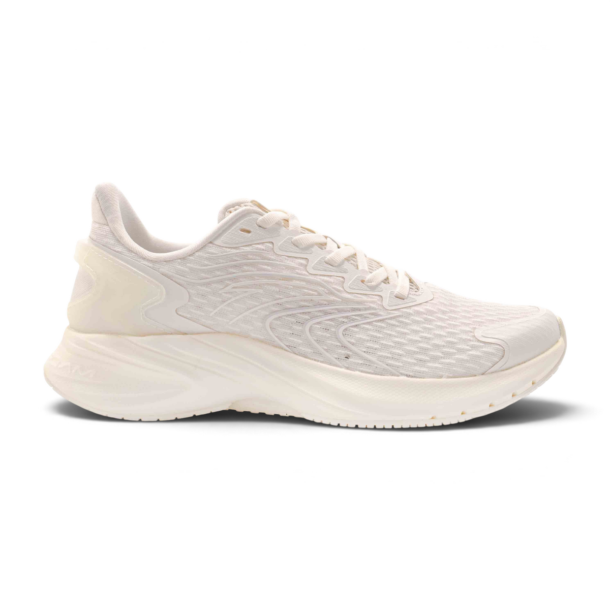 FRG women's running shoes in off-white with a breathable mesh upper and cushioned foam sole, side view.
