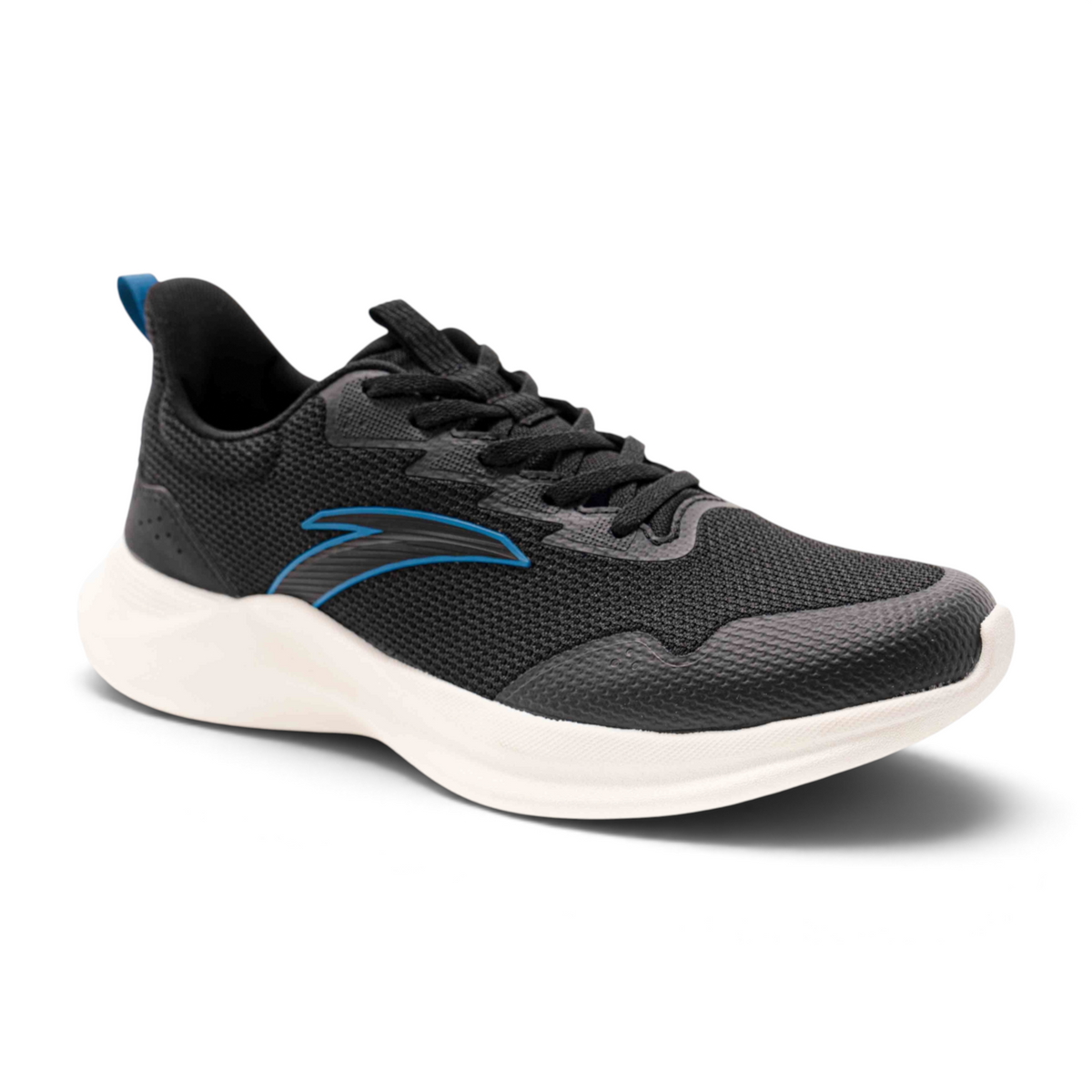 FRG women's black running shoes with breathable mesh upper, blue logo detail, and white cushioned sole