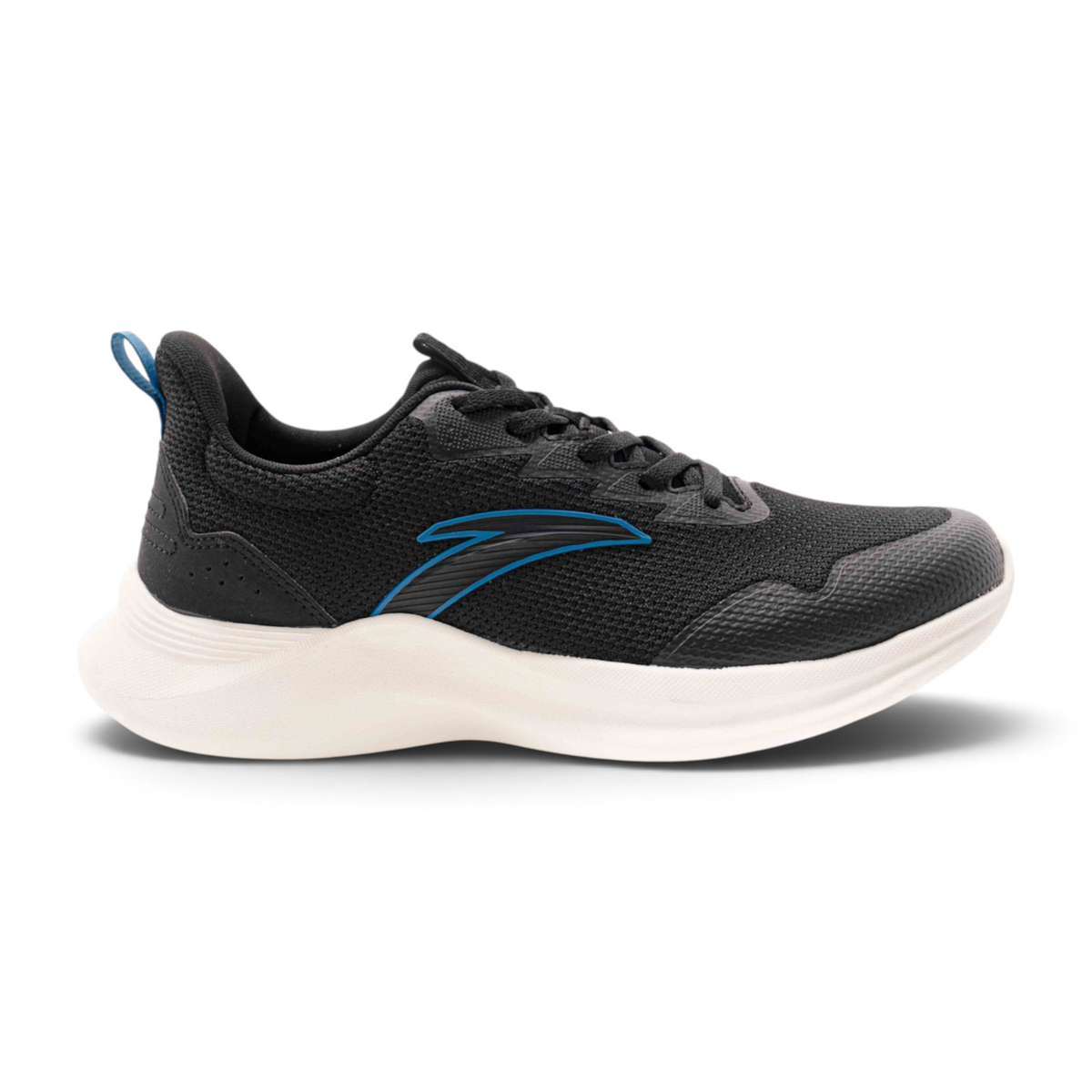 FRG women's black running shoes with a white cushioned sole and blue logo detail on a breathable mesh upper