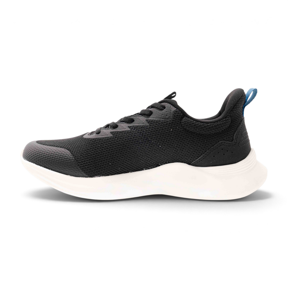 FRG women's black running shoe with a white cushioned sole and blue heel tab detail