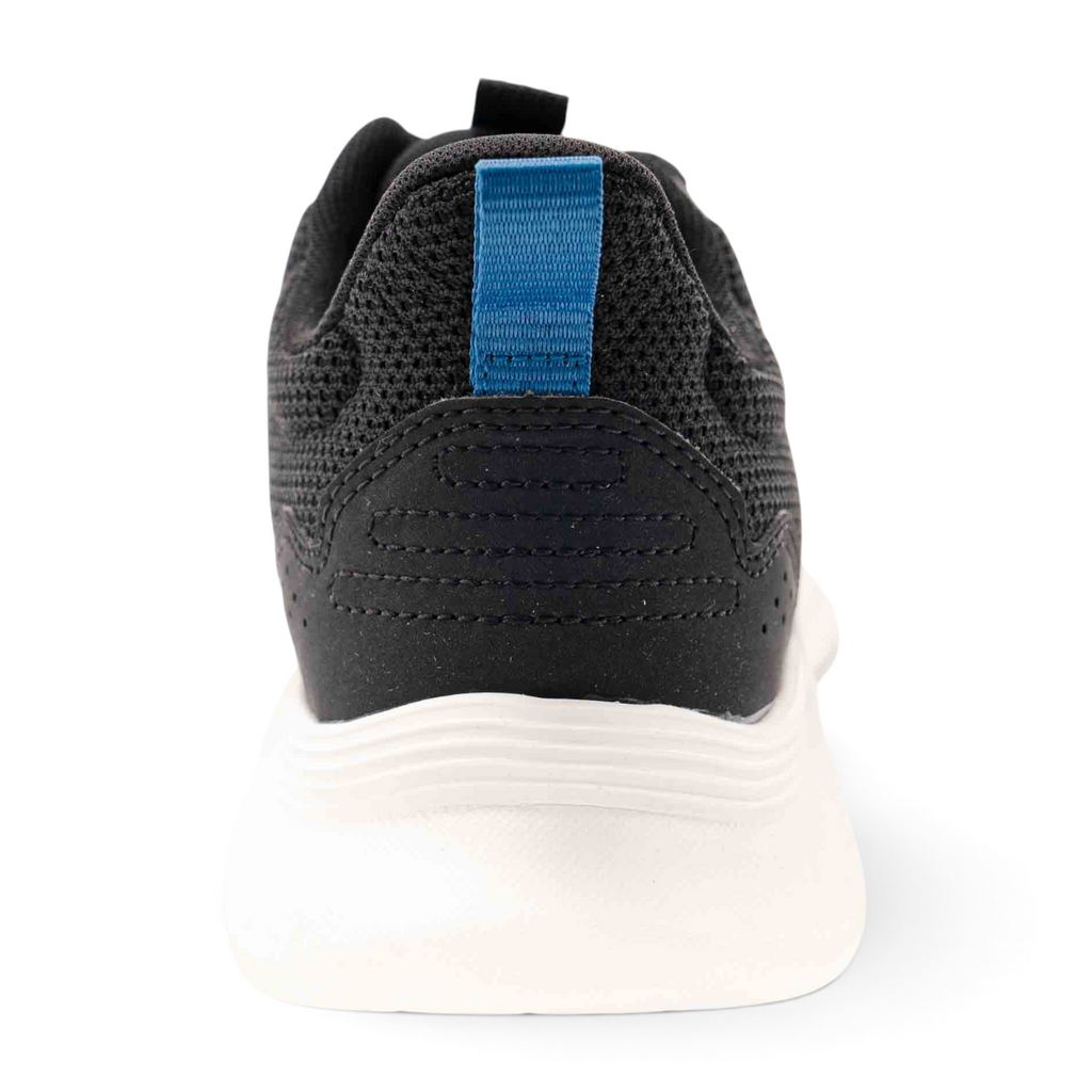 Back view of FRG women's black running shoes with a blue heel tab and white cushioned sole