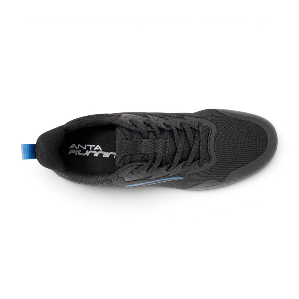 FRG women's black mesh running shoe, top-down view with blue heel tab detail