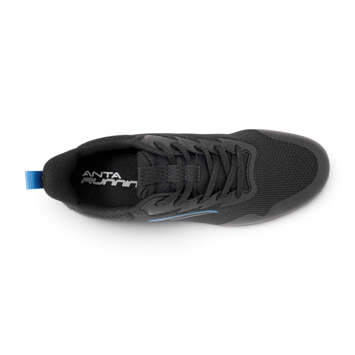 FRG women's black mesh running shoe, top-down view with blue heel tab detail