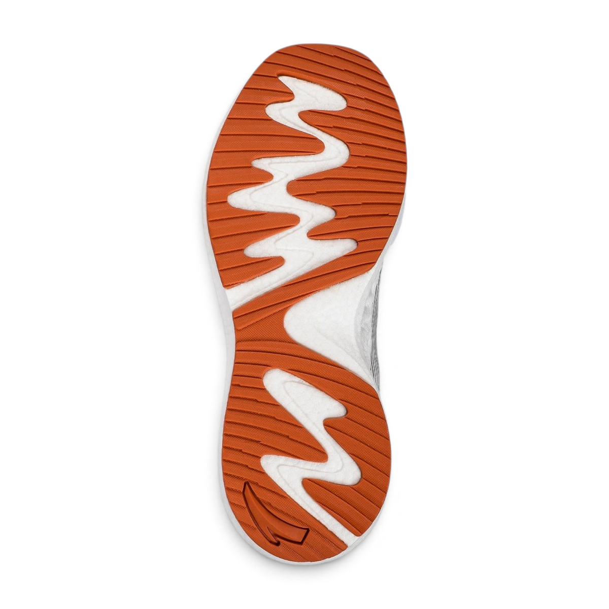 FRG running shoes featuring a white and orange rubber outsole with a wavy tread pattern for traction