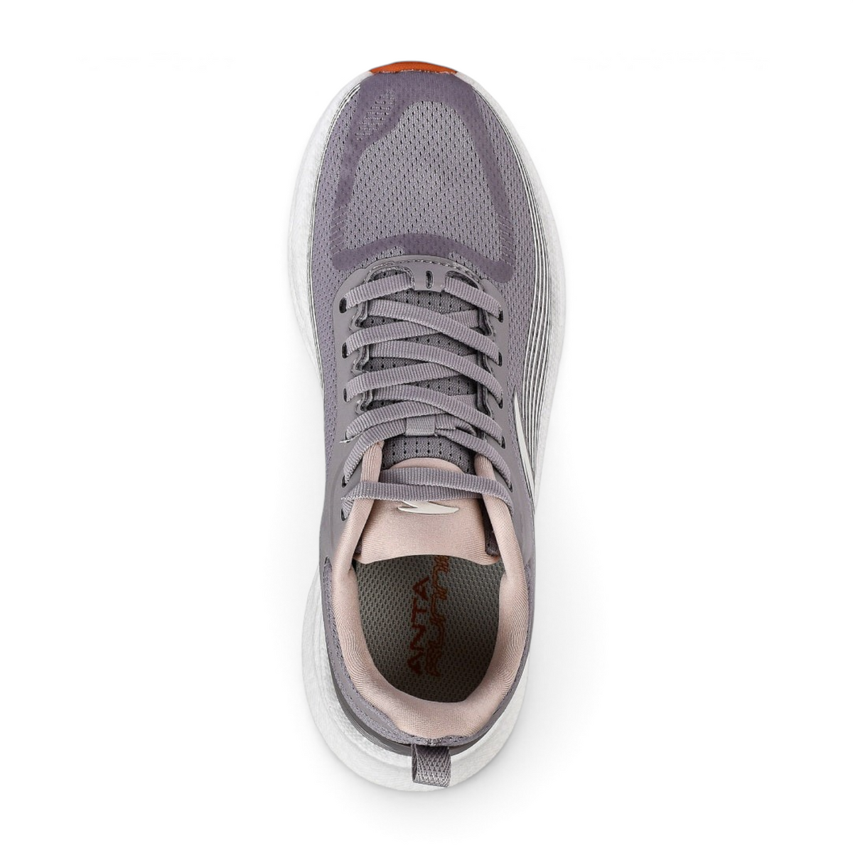 FRG running shoes in grey mesh with white cushioned soles, top-down view