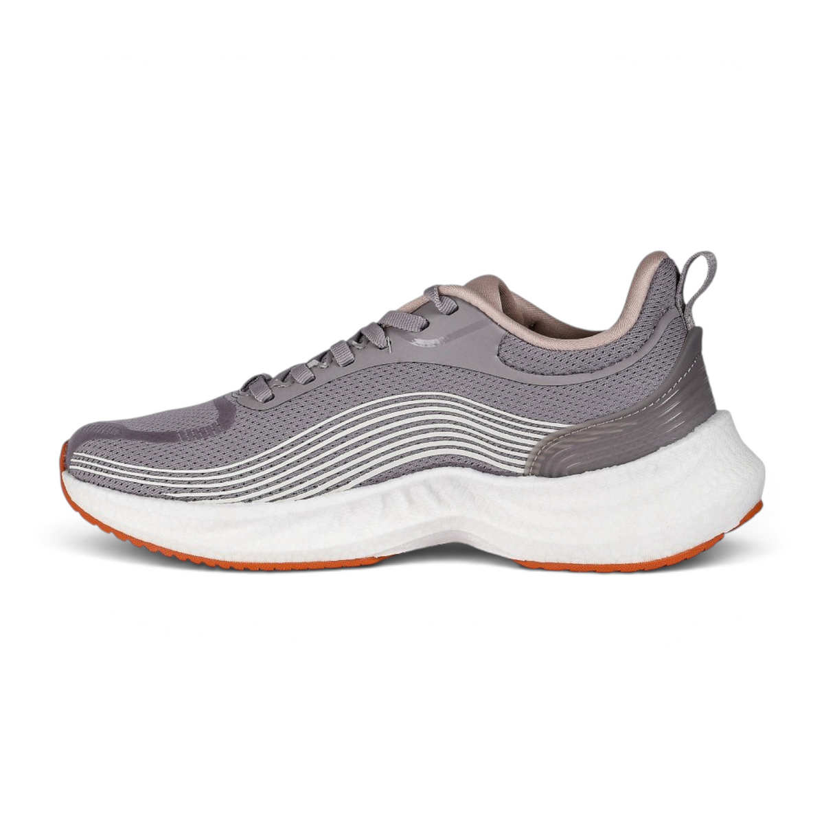 FRG running shoes in grey mesh with white wavy side detailing and a thick white cushioned sole with orange tread