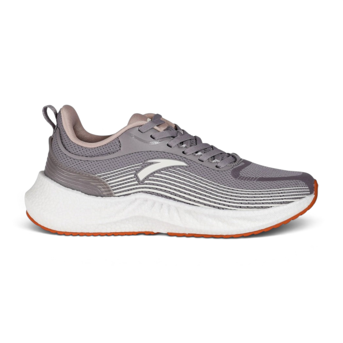 FRG running shoes in grey mesh with white striped detailing, thick white cushioned sole, and orange rubber outsole.