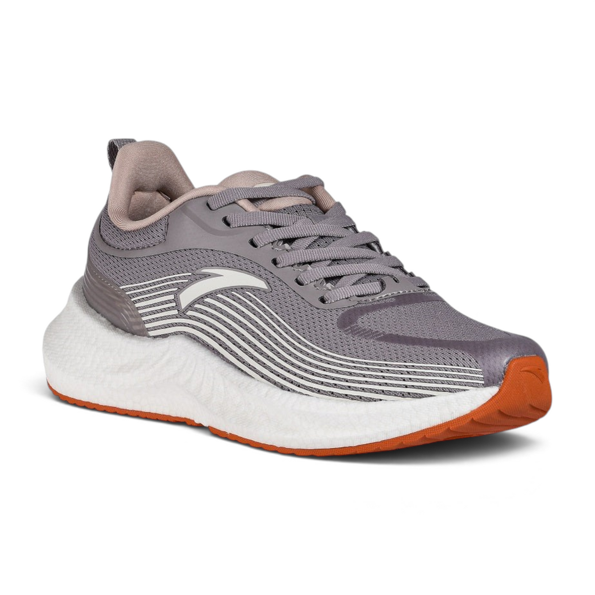 FRG running shoes in grey mesh with white striped detailing, thick white foam midsole, and orange rubber outsole.