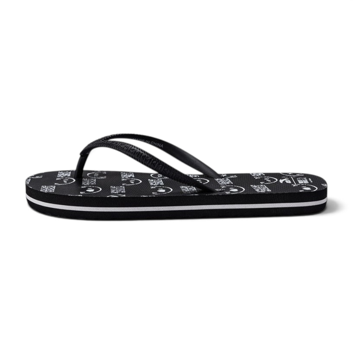 FRG beach slippers in black with a white graphic print pattern and a side white stripe detail