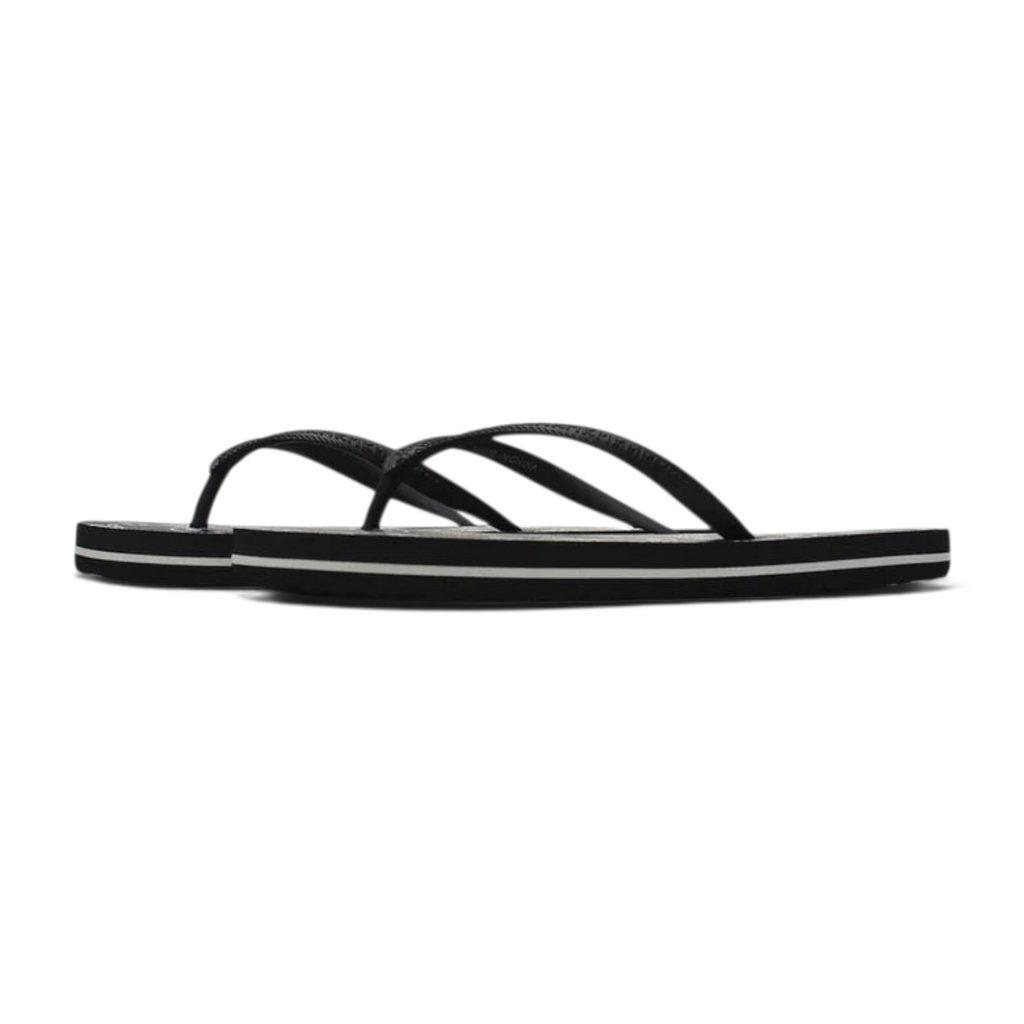 FRG black beach slippers with a slim strap design and white side stripe detail viewed from the side
