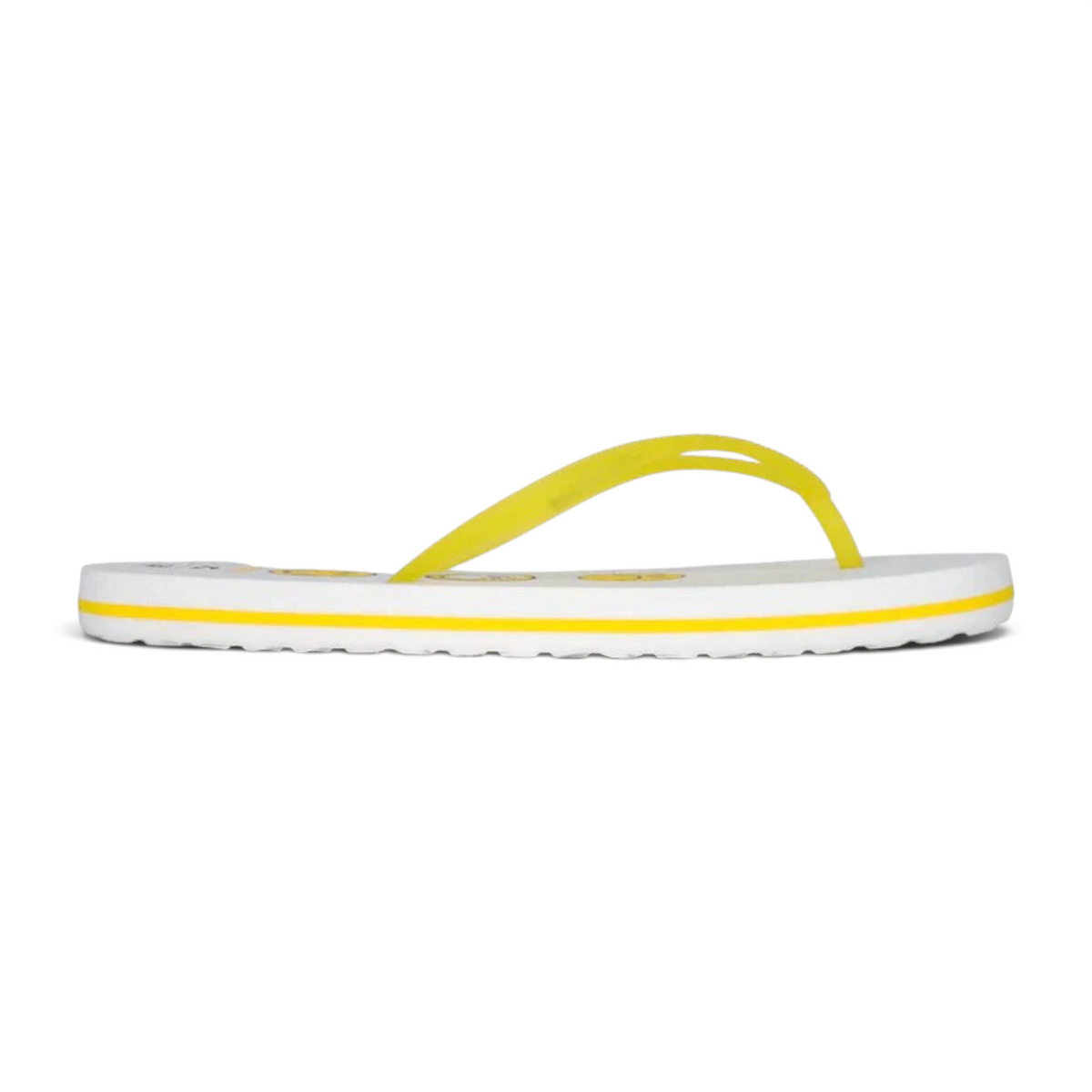 FRG beach slippers in white with yellow straps and a yellow stripe detail on the side sole